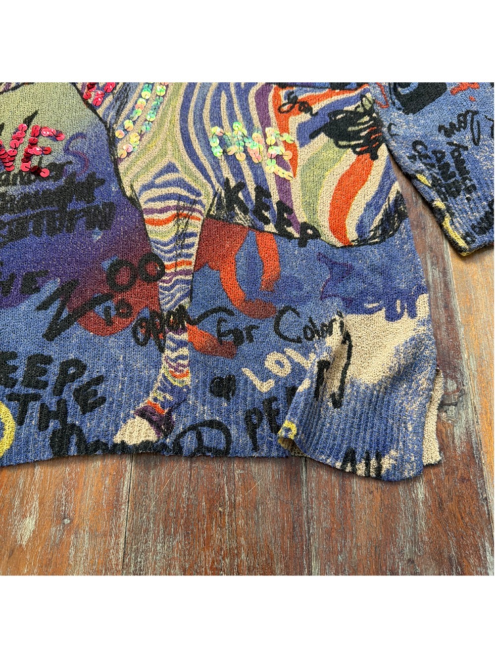 John Mark L Zebra Graffiti Graphic Knit Sweater Tunic Sequins Textured Artsy - Picture 6 of 11